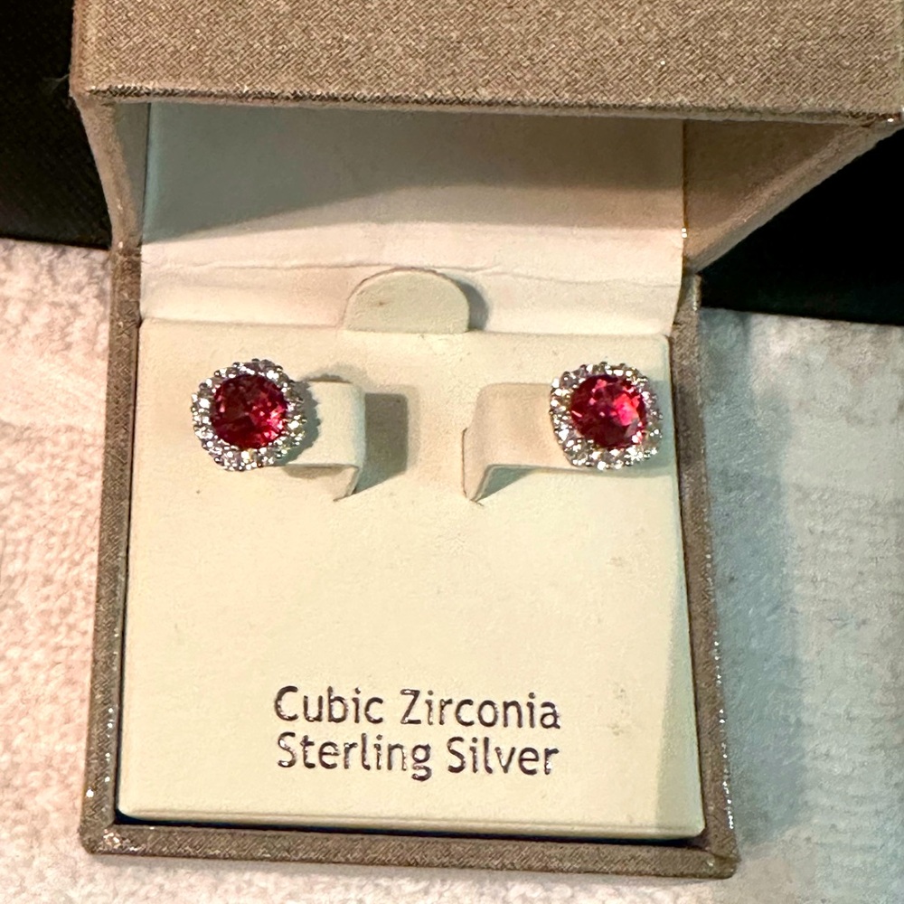 Radiant Sterling Silver Earrings with Red Cubic Zirconia